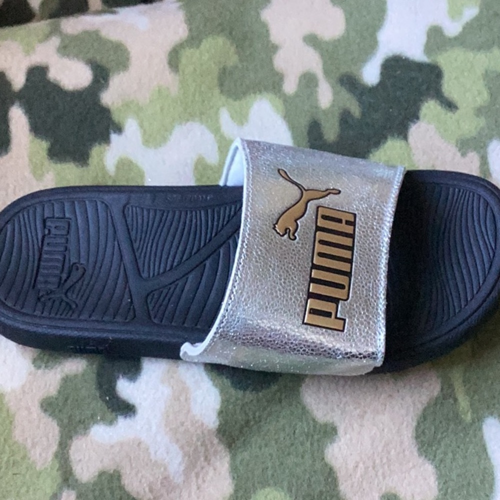 New PUMA Silver and Black Slide Sandals